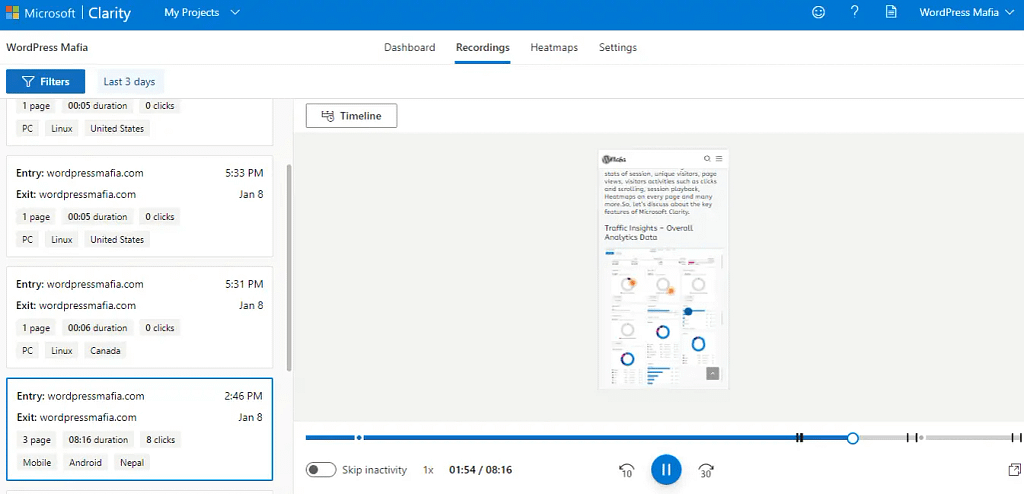 Microsoft Clarity Recordings, Session Playback