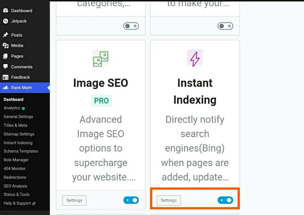 Enabling RankMath Instant Indexing feature for Bing