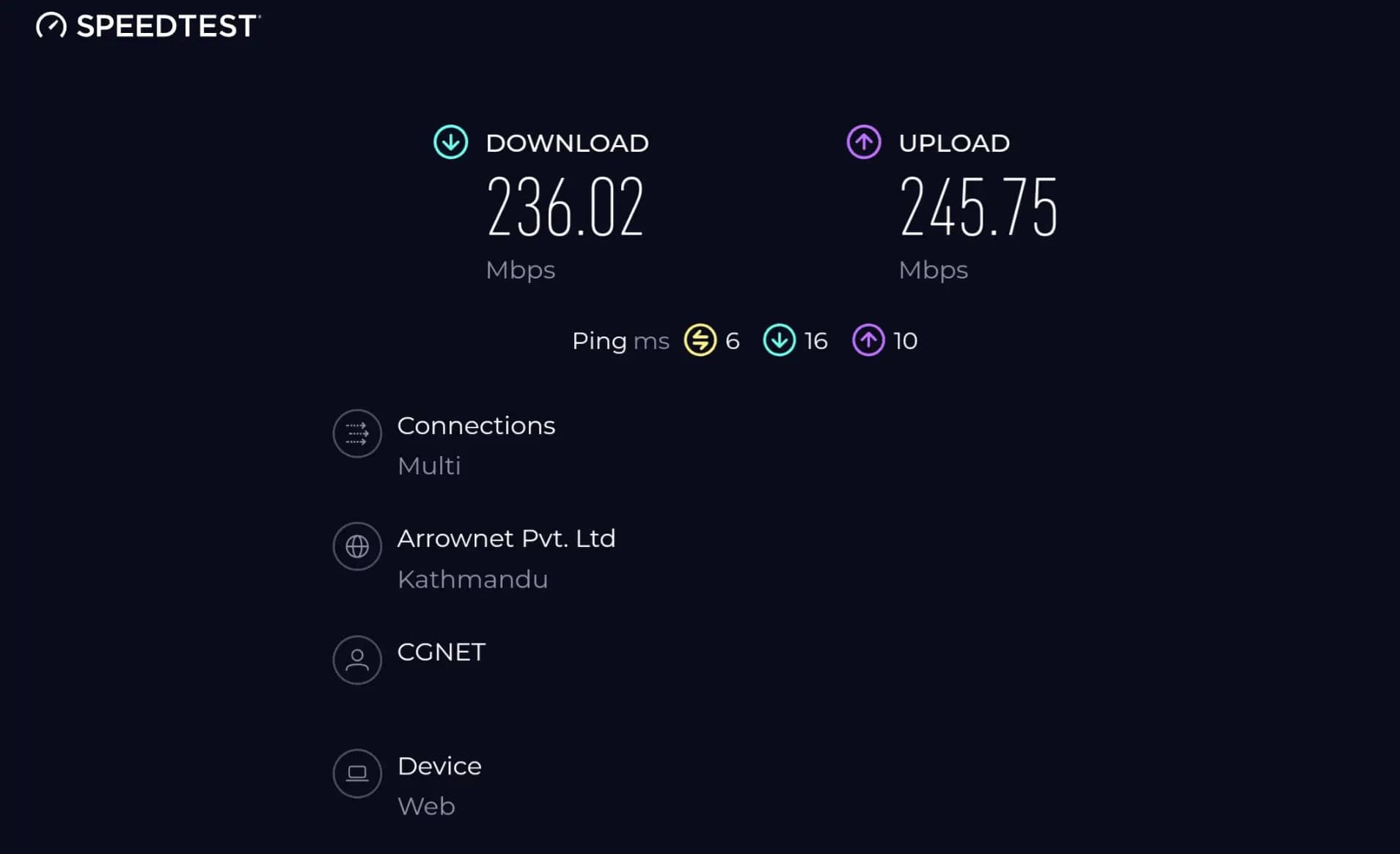 Cg Net Internet Speed In Nepal Over 230 Mbps For Residental Plan Checked From Wireless Connection