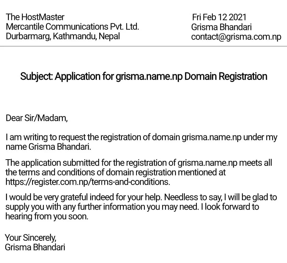 Cover letter for registration of .com.np domain