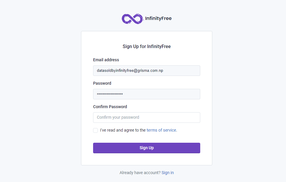 Signup to Infinityfree